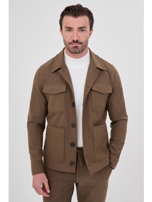 MCR Düz Slim Fit Gömlek Yaka Düğmeli Torba Cepli Yün Karışımlı Erkek Mont
