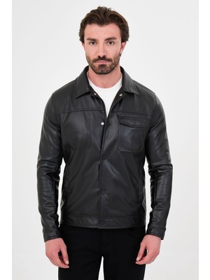 MCR Dokulu Slim Fit Gömlek Yaka Çıtçıtlı Suni Deri Erkek Mont