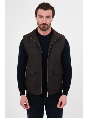 MCR Düz Slim Fit Dik Yaka Çift Fermuarlı Yün Karışımlı Erkek Yelek