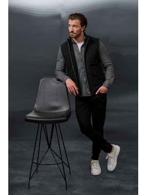 MCR Düz Slim Fit Dik Yaka Çift Fermuarlı Yün Karışımlı Erkek Yelek