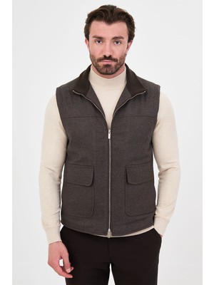 MCR Düz Slim Fit Dik Yaka Çift Fermuarlı Yün Karışımlı Erkek Yelek