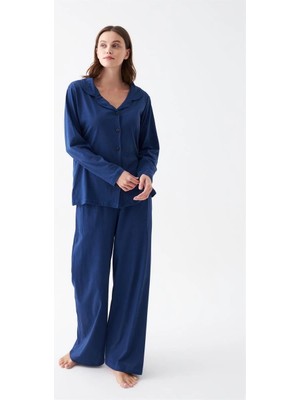Hobilinka Kadın Lacivert Düğmeli Yaka Detaylı Pamuklu Pijama Takımı