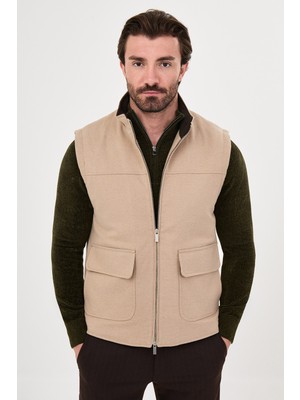 MCR Düz Slim Fit Dik Yaka Çift Fermuarlı Yün Karışımlı Erkek Yelek