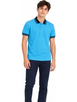 Rednelax Lacivert Yakalı Turkuaz Kısa Kol Düz Renk Lakos Tişört Polo Yaka T-Shirt