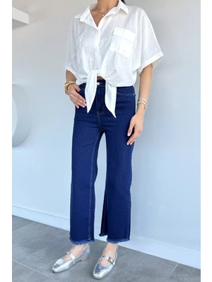 Gülseli Kadın Yüksek Bel Likralı Paça Püsküllü Jean Kot Pantolon P-00022322