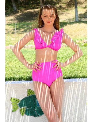 Hobilinka Kadın Fırfırlı Yüksek Bel Fuşya Bikini