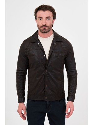 MCR Dokulu Slim Fit Gömlek Yaka Çıtçıtlı Suni Deri Erkek Mont
