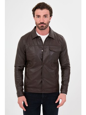 MCR Dokulu Slim Fit Gömlek Yaka Çıtçıtlı Suni Deri Erkek Mont