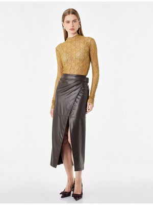 Koton Slim Fit Uzun Kollu Dik Yaka Transparan Dantelli Tişört