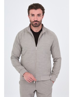 MCR Çizgili Slim Fit Dik Yaka Çift Fermuarlı Yün Erkek Mont