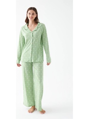 Hobilinka Kadın Yeşil Kalp Desenli Düğmeli Pamuklu Pijama Takımı