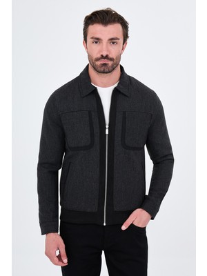 MCR Dokulu Slim Fit Gömlek Yaka Fermuarlı Yün Erkek Mont