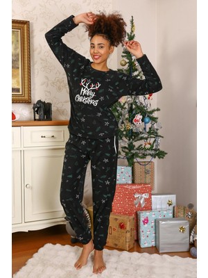 Hobilinka Merry Christmas  Polar Kadın Pijama Takımı Siyah