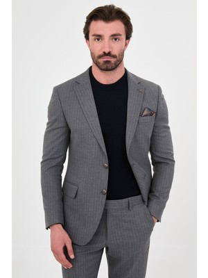 MCR Çizgili Slim Fit Mono Yaka Yeleksiz Yün Karışımlı Erkek Takım Elbise