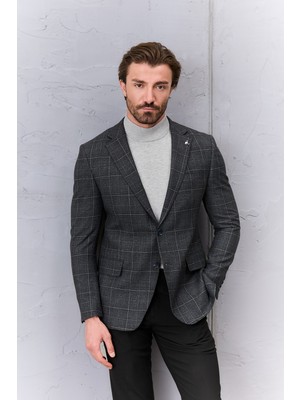 MCR Ekoseli Slim Fit Mono Yaka Yün Karışımlı Erkek Ceket