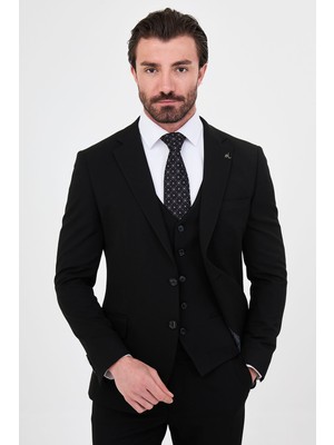 MCR Düz Slim Fit Mono Yaka Yelekli Yün Karışımlı Erkek Takım Elbise