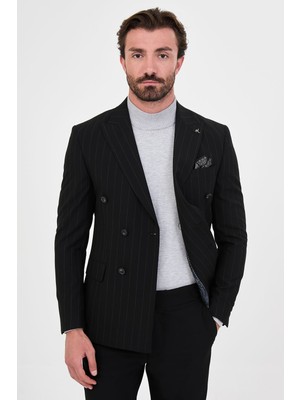 MCR Çizgili Slim Fit Geniş Yaka Kruvaze Italyan Stil Duble Paça Pantolon Erkek Takım Elbise