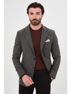 MCR Ekoseli Slim Fit Mono Yaka Premium Yün Karışımlı Erkek Ceket