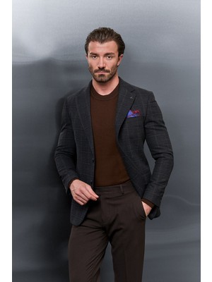 MCR Ekoseli Slim Fit Mono Yaka Premium Yün Karışımlı Erkek Ceket