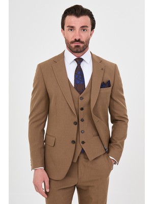 MCR Düz Slim Fit Mono Yaka Yelekli Yün Karışımlı Erkek Takım Elbise