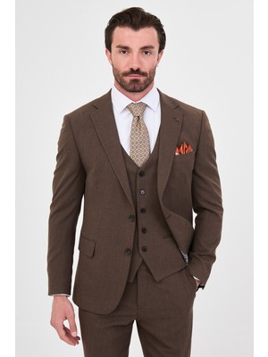 MCR Düz Slim Fit Mono Yaka Yelekli Yün Karışımlı Erkek Takım Elbise