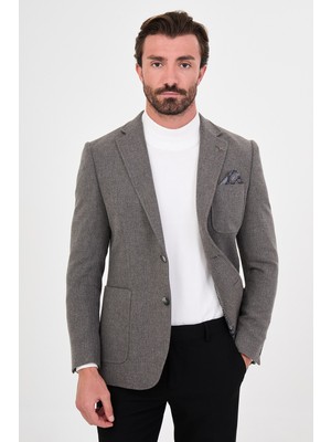 MCR Dokulu Slim Fit Mono Yaka Torba Cep Premium Yün Karışımlı Erkek Ceket