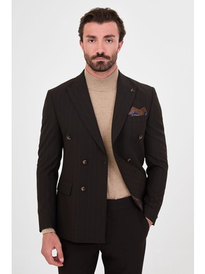 MCR Çizgili Slim Fit Geniş Yaka Kruvaze Italyan Stil Duble Paça Pantolon Erkek Takım Elbise