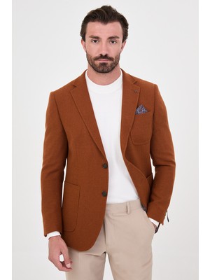 MCR Dokulu Slim Fit Mono Yaka Torba Cep Premium Yün Karışımlı Erkek Ceket
