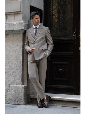 MCR Çizgili Slim Fit Geniş Yaka Kruvaze Italyan Stil Duble Paça Pantolon Erkek Takım Elbise