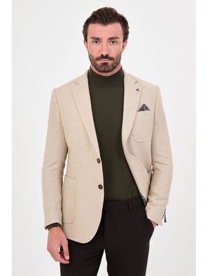 MCR Dokulu Slim Fit Mono Yaka Torba Cep Premium Yün Karışımlı Erkek Ceket
