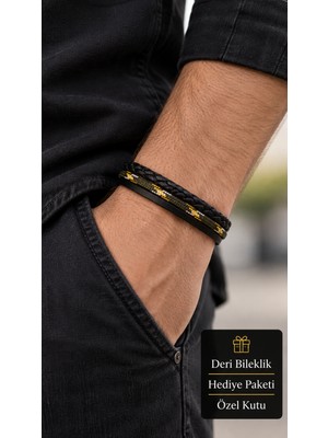 Herşey Nota Dervanor Goldthread Siyah Deri Erkek Bileklik - Altın Tonlu Ince Dokuma ve Örgü