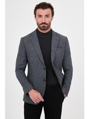 MCR Dokulu Slim Fit Mono Yaka Torba Cep Premium Yün Karışımlı Erkek Ceket