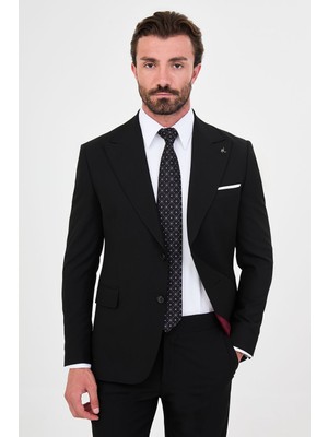 MCR Düz Slim Fit Geniş Yaka Yeleksiz Yün Karışımlı Mendilli Erkek Takım Elbise