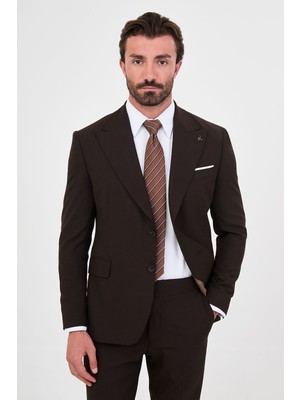 MCR Düz Slim Fit Geniş Yaka Yeleksiz Yün Karışımlı Mendilli Erkek Takım Elbise