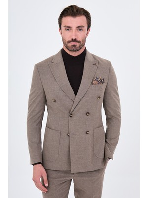 MCR Düz Slim Fit Geniş Yaka Kruvaze Torba Cepli Yün Karışımlı Erkek Takım Elbise
