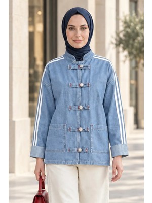 Harma Time Butik Kadın Çizgi Detaylı Düğmeli Cepli  Kot Mavi Ceket