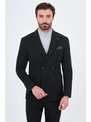 MCR Düz Slim Fit Geniş Yaka Kruvaze Torba Cepli Yün Karışımlı Erkek Takım Elbise
