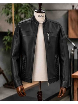 Moda Erkek Siyah Fermuarlı Hakiki Kuzu Derisinden Cepli Deri Ceket Mont