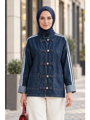 Harma Time Butik Kadın Çizgi Detaylı Düğmeli Cepli Koyu Kot Mavi Ceket