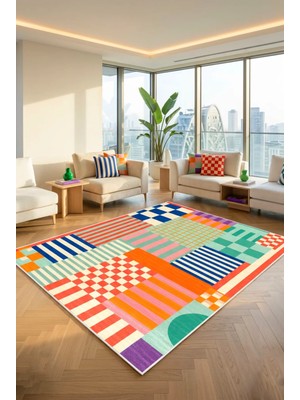 Decomia Home Dijital Kaymaz Yıkanabilir Renkli Retro Desenli Salon Halısı Mutfak Halısı Koridor Halısı Yolluk