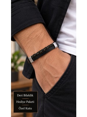 Herşey Nota Lorvessa Olivebraid Siyah Deri Erkek Bileklik - Koyu Zeytin Tonlu Ince Örgü Detayı