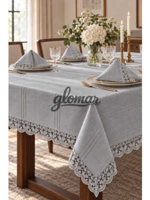 Glomar Premium Dantelli Bej Masa Örtüsü %100 Polyester Yemek Masa Örtüsü Fisto Kenarlı Tek