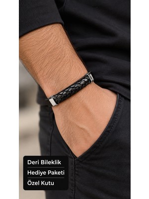 Herşey Nota Vandric Carbonweave Siyah Deri Erkek Bileklik - Kalın Çapraz Örgü ve Geniş Düz Bant