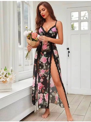 Aria's Closet Özel Tasarım Siyah Dantel Işlemeli Çiçek Desenli Yırtmaçlı Fantezi Gecelik