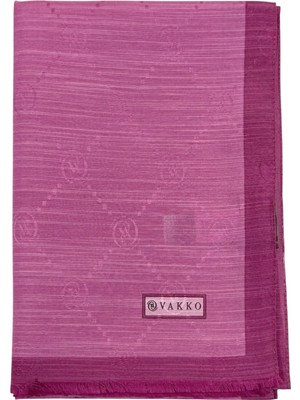 Vakko Pamuk Ipek Şal - Şeritli Monogram - Fuşya Mor