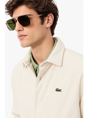 Lacoste Men's Relaxed Fit Button-Down Linen Shirt  Rahat Kesim Kadife Erkek Dış Gömlek Krem