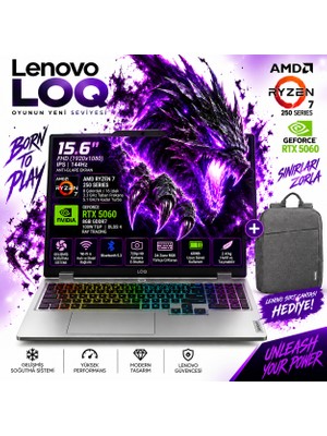 Lenovo Loq 15AHP10 Aı Amd Ryzen7 250 16GB Ram Ddr5 512GB SSD RTX5060 8gddr7 15.6 Fhd 144Hz Windows 11 Pro 83JG006FTR Taşınabilir Bilgisayar + Lenovo Çanta Hediyeli