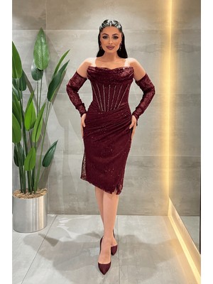 Giyimmasalı Ful Dantel Kumaş Boncuk Detaylı Kalem Elbise - BORDO-GYM-184