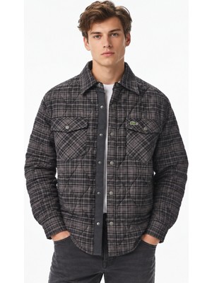 Lacoste Men's Relaxed Fit Button-Down Linen Shirt  Rahat Kesim Çıt Çıt Düğmeli Kareli Erkek Dış Gömlek Siyah