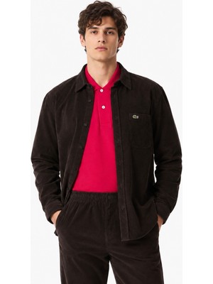 Lacoste Men's Regular Fit Button-Down Cotton Shirt Erkek Düğmeli Yaka Pamuklu Kadife Gömlek Kahverengi